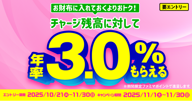 ～11月限定！ファミマのおトクが止まらない～お財布に入れておくよりおトク！ファミペイチャージ残高に対して年率3.0%相当の期間限定ファミマポイントがもらえるキャンペーンを11月に開催！