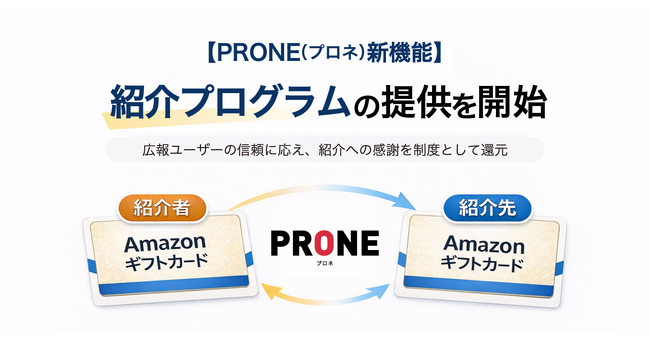 【PRONE(プロネ)新機能】紹介プログラムの提供を開始　プレミアムプラン加入で紹介者、紹介先それぞれにAmazonギフトカード※進呈　～広報ユーザーの信頼に応え、紹介への感謝を制度として還元～
