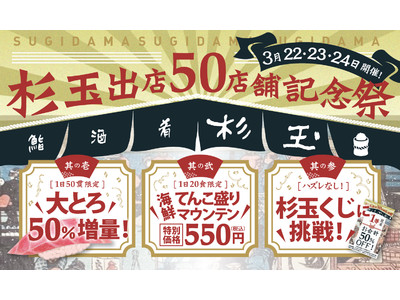 大衆寿司居酒屋「鮨 酒 肴　杉玉」、ついに50店舗を達成！！　50店舗達成を記念して、スペシャルメニューが登場！　『杉玉 50店舗記念祭』開催！