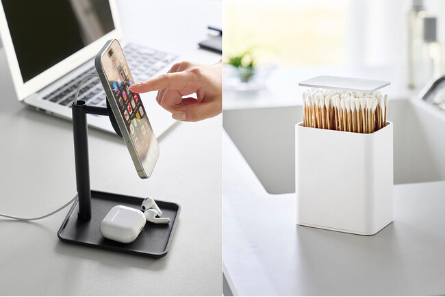 【山崎実業 新商品のお知らせ】 ポップアップ式の綿棒ケースと、マグネット式ワイヤレス充電に対応したスマートフォンスタンドが発売になりました。