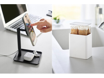 【山崎実業 新商品のお知らせ】 ポップアップ式の綿棒ケースと、マグネット式ワイヤレス充電に対応したスマートフォンスタンドが発売になりました。