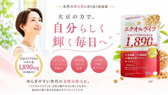 シンバイオティクスの考えを取り入れた新発想!ライフステージの変化を感じる女性に寄り添う、大豆由来成分「エクオール」配合サプリメントがMyLOHASに新登場。