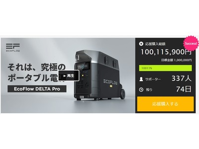 EcoFlowポータブル蓄電池『DELTA Pro』がMakuake史上最速6時間以内で1億円突破！