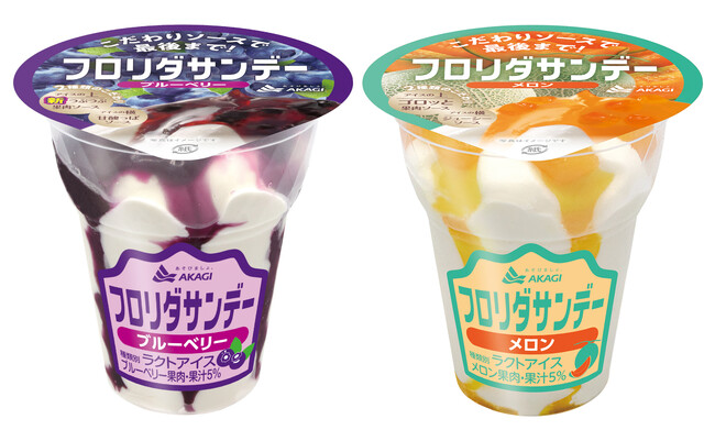 フロリダサンデーから約2年ぶりの新しいフルーツフレーバーが数量限定で登場！ たっぷりのメロン果肉ソースとミルクアイスが相性抜群で最後まで楽しめる！ 「フロリダサンデー(ブルーベリー・メロン)」
