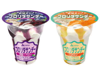 フロリダサンデーから約2年ぶりの新しいフルーツフレーバーが数量限定で登場！ たっぷりのメロン果肉ソースとミルクアイスが相性抜群で最後まで楽しめる！ 「フロリダサンデー(ブルーベリー・メロン)」