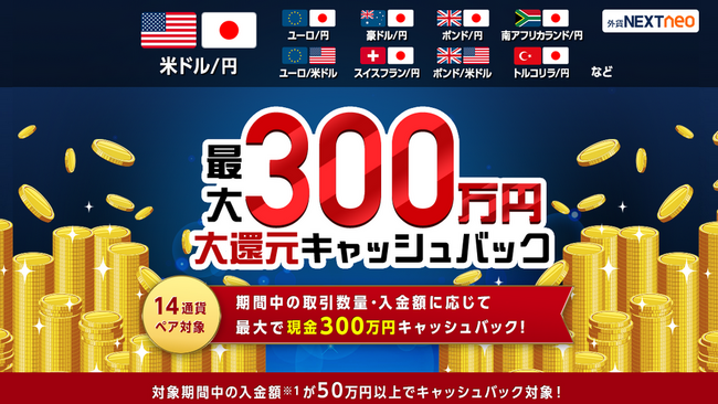 「取引数量・入金額に応じて最大300万円！大還元キャッシュバックキャンペーン」実施！