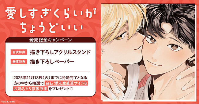 直筆サイン入り複製原画が当たる！白石添先生『愛しすぎくらいがちょうどいい』発売記念キャンペーン開催！【ホーリンラブブックス】