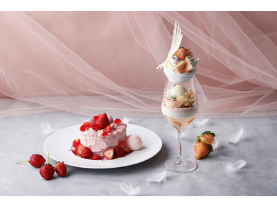 希少な白いちごと深紅のいちごが華やぐ「白いちごのホワイトパフェ」と「ストロベリーロゼパンケーキ」が登場