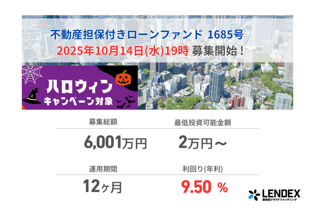【LENDEX】本日開始、不動産担保付きローンファンド1685号の募集開始のお知らせ