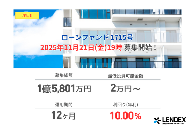 【LENDEX】年利10%のローンファンド1715号、募集開始のお知らせ