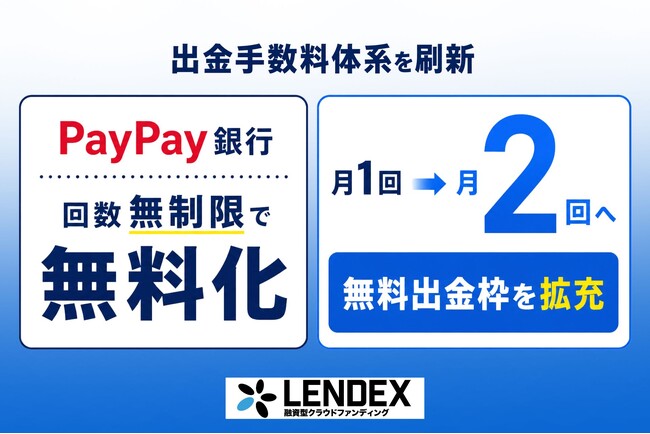 【LENDEX】出金手数料を改善のお知らせ｜従来月1回まで無料が、月2回の無料になりました
