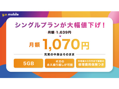『y.u mobile』 シングルプランを月額1,070円に値下げ