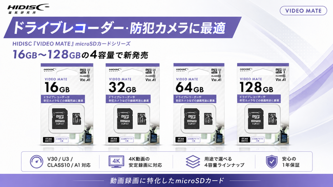 ドライブレコーダー・防犯カメラに最適 HIDISC「VIDEO MATE」microSDカードシリーズ、16GB～128GBの4容量で新発売