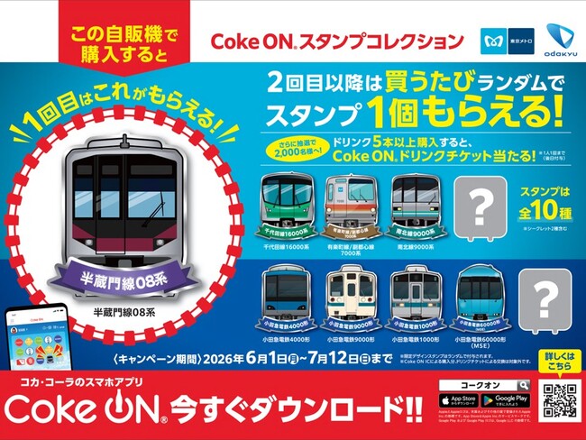東京メトロ駅ナカの対象自販機で「Coke ON(R)」を使って製品を買うとオリジナルCoke ONスタンプが必ずもらえる！