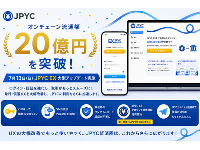 日本円ステーブルコインJPYC、オンチェーン流通額20億円を突破。7月13日の大型アップデートで発行・償還UXを大幅改善