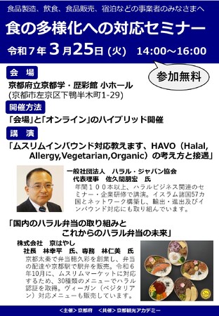 【京都府】ムスリムの食文化への対応方法を学ぶ～「食の多様化への対応セミナー」を3月25日に開催～