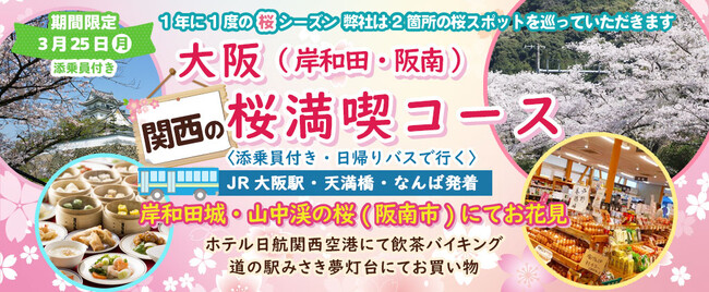 催行確定更に10席増席3月25日(月) お一人様8,800円！桜のお花見２カ所【大阪 岸和田市&阪南市】〈大阪駅・天満橋・なんば発着・添乗員付き〉「岸和田城・山中渓の桜」でお花見！！日帰りバスツアー