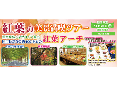 お一人様10,800円！〈東大阪 発着〉11月26日(火) 紅葉の美景満喫ツアー滋賀高島メタセコイア並木国宝長寿寺の約100本もの紅葉アーチ。〈添乗員付き〉日帰りバスツアー