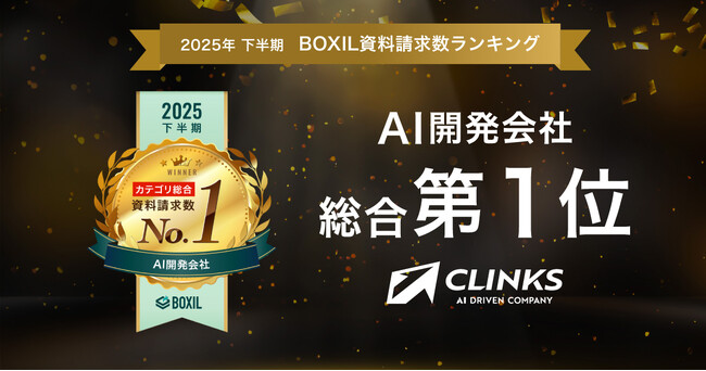 CLINKS、「2025年下半期 BOXIL資料請求数ランキング」AI開発会社カテゴリで総合1位に選出