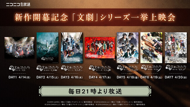 舞台「文豪とアルケミスト 紡グ者ノ序曲(プレリュード)」の開幕を記念して、4月14日(月)からシリーズ7作品をニコニコ生放送にて一挙上映が決定