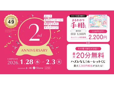 「こんなことまでわかるの？」と話題の「まるわかり手相」が特別価格！ハズレなしのルーレットくじも！ザッパラスグループが手掛ける占いの店『cocoloni占い館』立川店が2周年キャンペーンを開催！