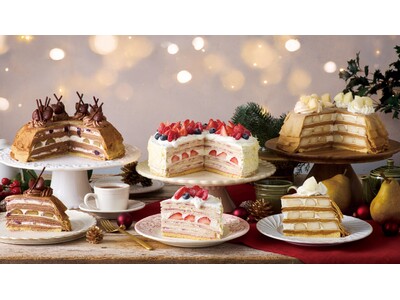 【Afternoon Tea LOVE&TABLE】苺、ブルーベリー、ラズベリーのクリスマスケーキ風ミルクレープや、ラ・フランス×キャラメルの新作など