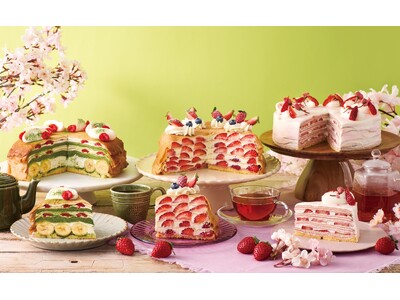 【Afternoon Tea LOVE&TABLE】さくら、抹茶、苺など、春のミルクレープ発売！新作の「抹茶マスカルポーネとバナナのミルクレープ」や、“あまおう苺”の5層仕立てミルクレープなど