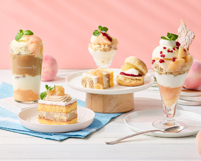 【Afternoon Tea】白桃が華やかに香る「白桃とラズベリーのブランマンジェパフェ」や白桃のミニパフェも選べる「アフタヌーンティーセット」など新作スイーツ＆ティー