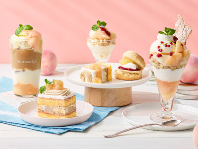 【Afternoon Tea】白桃が華やかに香る「白桃とラズベリーのブランマンジェパフェ」や白桃のミニパフェも選べる「アフタヌーンティーセット」など新作スイーツ＆ティー