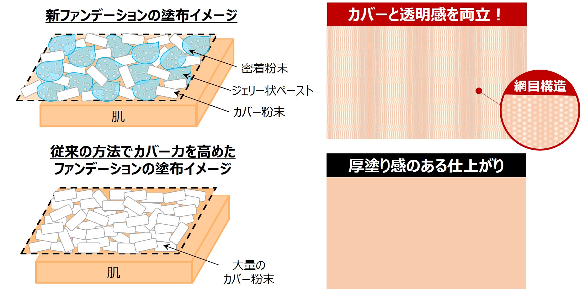 優れたカバー力と自然な仕上がりを両立するリキッドファンデーションの開発　～コンシーラーとストッキングから着想を得た新処方～