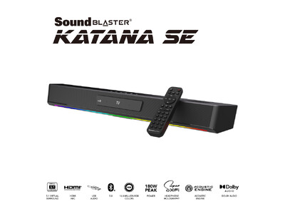 Katanaシリーズの基本性能はそのままに、サブウーファーレスでも重低音の効いたピーク出力180Wのパワフルなゲーミング サウンドを再生する一体型ゲーミング サウンドバー登場