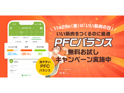 11月29日（金）は「いい筋肉の日」！『あすけん』が「PFCバランス」確認機能の無料お試しキャンペーン開催～SNSで話題の筋肉応援キャラクター「健康（たけやす）さん」もアプリに初登場！～