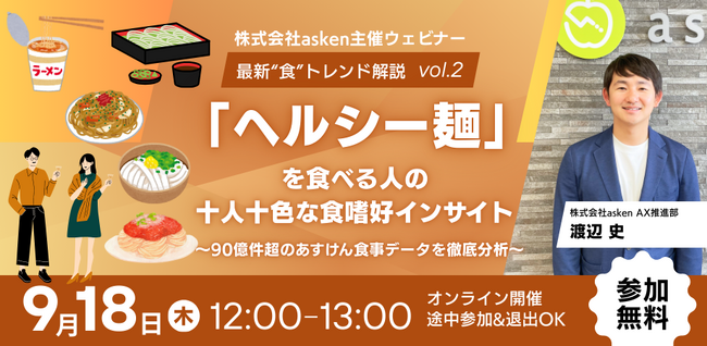 ヘルシー麺を食べる“性年代ごとの購買動機”に決定的な違いと新事実が判明！～『あすけん』の90億件超データからリアルな食嗜好インサイトを紐解く無料オンラインセミナー開催～