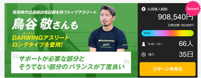 【達成率908％】元プロ野球選手鳥谷敬さんが愛用のアンダーウェア、特注サイズをリターンに追加