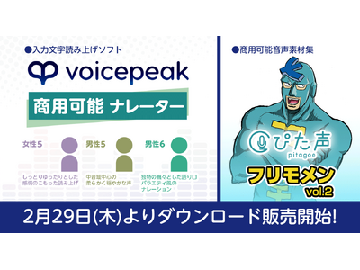 AI音声合成ソフト「VOICEPEAK」の商用可能シリーズに新話者登場！『VOICEPEAK 商用可能 ナレーター』女性5/男性5/男性6　2024年2月29日ダウンロード販売開始!