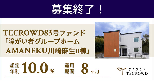 【想定年利10.0%】国内キャピタルゲイン型ファンド「障がい者グループホーム　AMANEKU川崎麻生B棟」に投資するTECROWD83号ファンドの募集終了