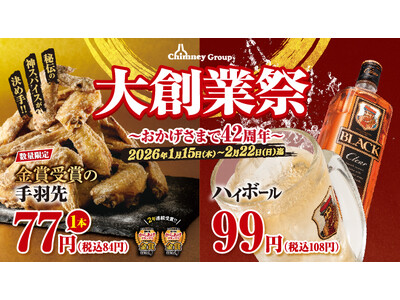 【チムニーグループ大創業祭】からあげGP金賞受賞の手羽先“77円”！ハイボール“99円”！42周年の感謝を込めて、人気メニューを大胆プライスでご提供