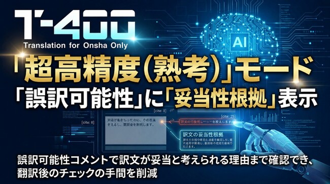 高精度産業翻訳AI「T-4OO」、『超高精度（熟考）』モードに「妥当性