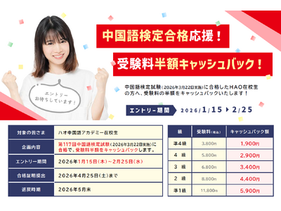 株式会社イーオン、ハオ中国語アカデミーにて「中国語検定合格応援！受験料半額キャッシュバック企画」を実施