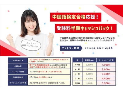 株式会社イーオン、ハオ中国語アカデミーにて「中国語検定合格応援！受験料半額キャッシュバック企画」を実施