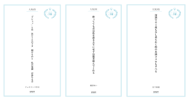 短歌アプリ57577の第一回の短歌賞、テーマ詠「お酒が教えてくれたこと」のTOP100が決定。