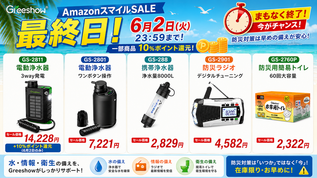 【AmazonスマイルSALE最終日】防災用品の備蓄は間に合っていますか？Greeshow人気防災シリーズ 携帯浄水器・防災ラジオが6月2日23:59まで特価販売