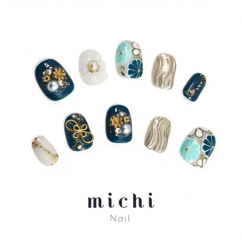 ミチネイルから特別な日に映える、ブルーとゴールドが織りなす華やかな和風ネイルが新登場♪