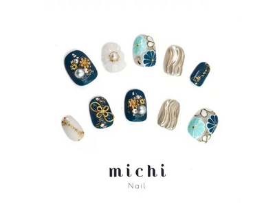 ミチネイルから特別な日に映える、ブルーとゴールドが織りなす華やかな和風ネイルが新登場♪