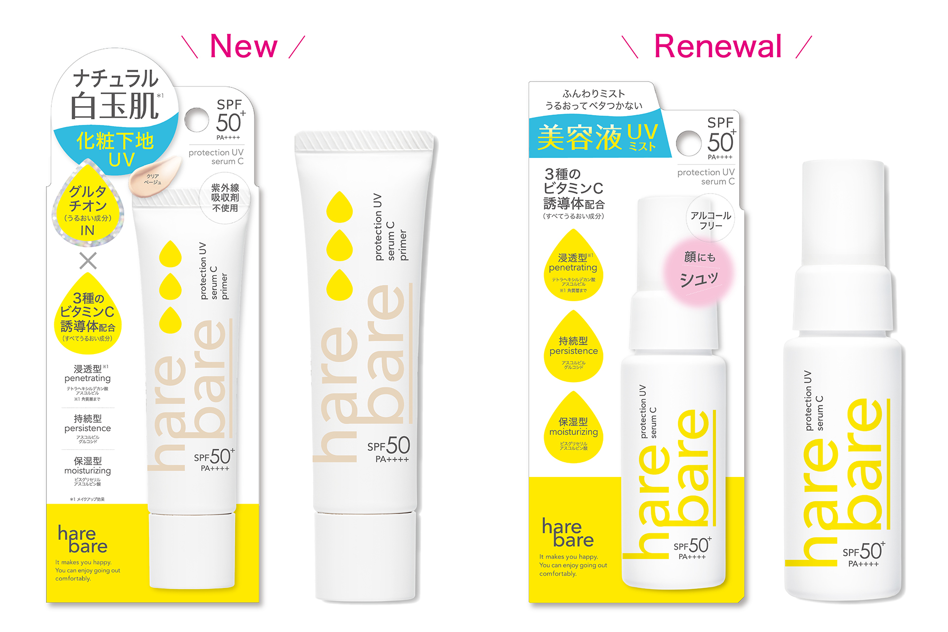 3種のビタミンC誘導体* 配合（すべてうるおい成分）、肌をケアする美容液UVシリーズ「ハレバレ」から待望のUV化粧下地 新発売！同時に使い心地がUPした美容液UVミスト リニューアル新発売！