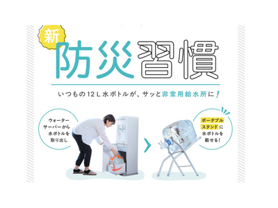 【オーケンウォーター】東日本大震災の教訓から生まれた防災グッズ。ウォーターサーバーの12Lボトルが「非常用給水所」に早変わりする『ポータブルボトルスタンド』を販売開始