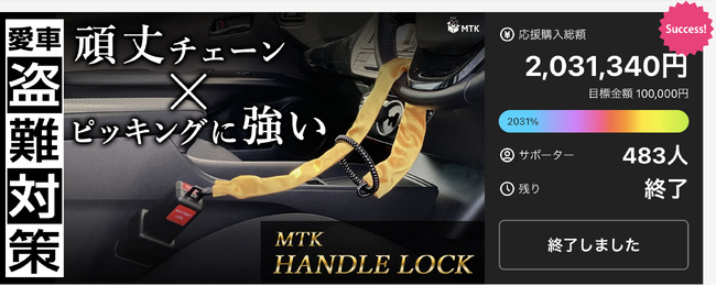 クラウドファンディング2031%達成！防犯アイテム『MTK ハンドルロック』が楽天市場・Yahoo!ショッピングで待望の一般販売開始！