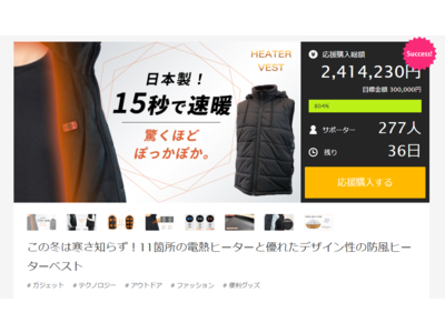 Makuake公開からわずか7日間で240万円（804％）達成！！15秒で速暖！驚くほどぽっかぽか！11箇所の電熱ヒーター×優れたデザイン性を実現した日本製「防風ヒーターベスト」