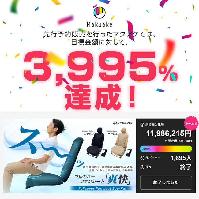 Makuakeで3,995%を達成した大ヒット商品！夏の車内の“背中・お尻の蒸れ”を解消する「SPEEDER フルカバーファンシート 爽快」が楽天市場・Yahoo!ショッピングで一般販売を本格開始！