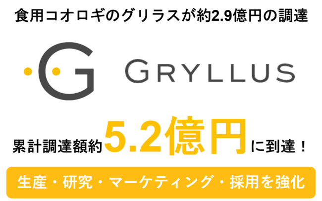 食用コオロギ国内生産量No.1のグリラスが約2.9億円の資金調達を実施！累計調達額は業界最高額の約5.2億円に到達